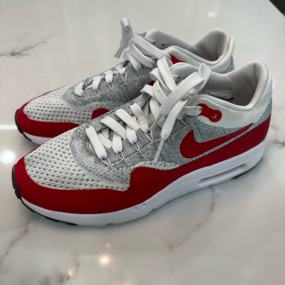 Nike Air Max 1 Ultra Flyknit in the 'White University Red 7 men 8 in women - GUC
